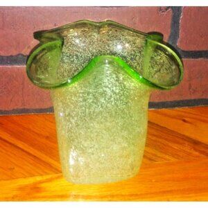 Vintage Vase Bubble Glass Emerald Green Scalloped ruffled Edge MCM 5" x 5.5" EUC